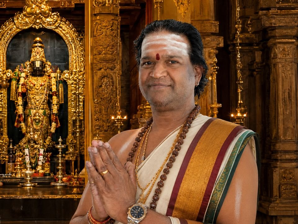 Priest Kumar Naganathan Gurukkal standing in namaskāram before a Viṣṇu shrine