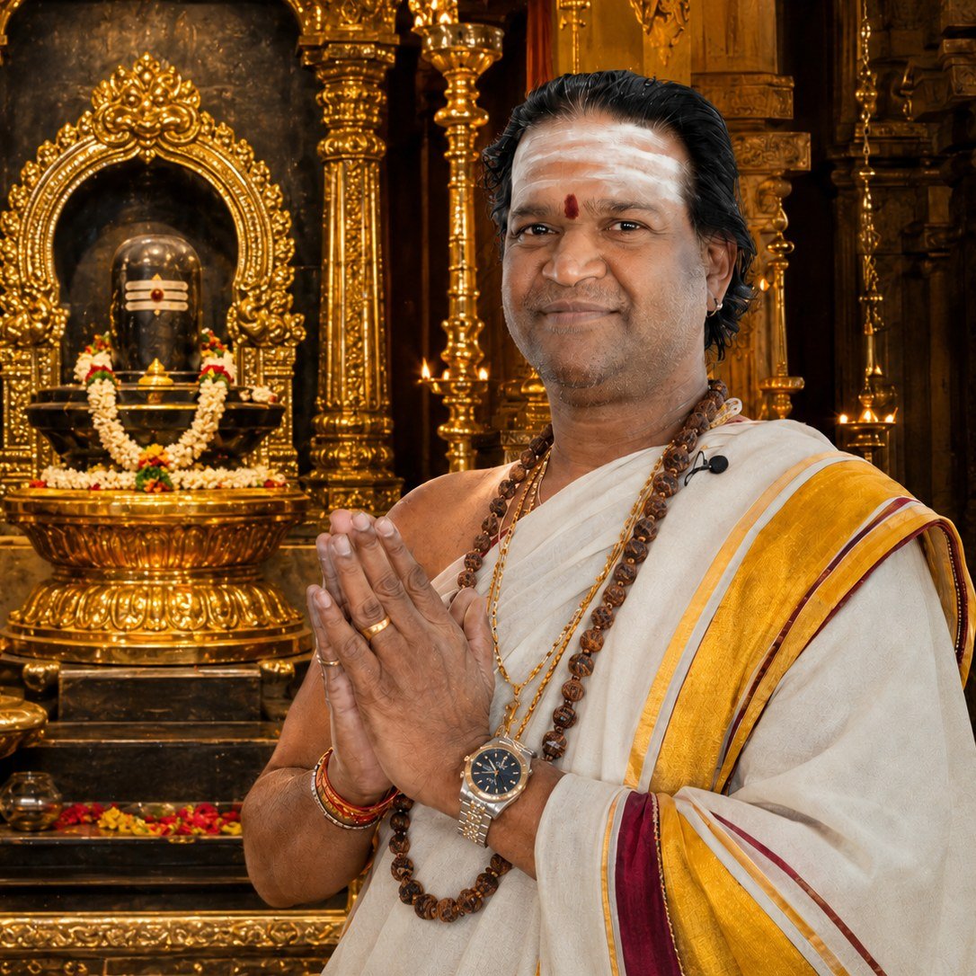Priest Kumar Naganathan Gurukkal, Sivachariyar, in namaskāram before a garlanded Śiva liṅgam shrine